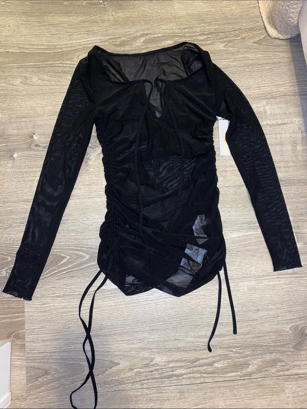 Sheer Ruched Long-Sleeve Top - Black